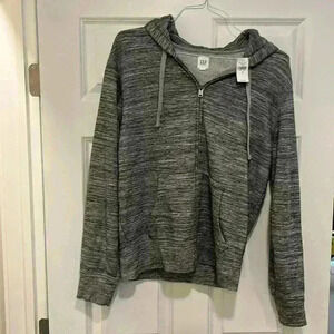 Gap Women’s Sweatshirt Gray Black White M Hoodie Zip Front Kangaroo pocket NWT